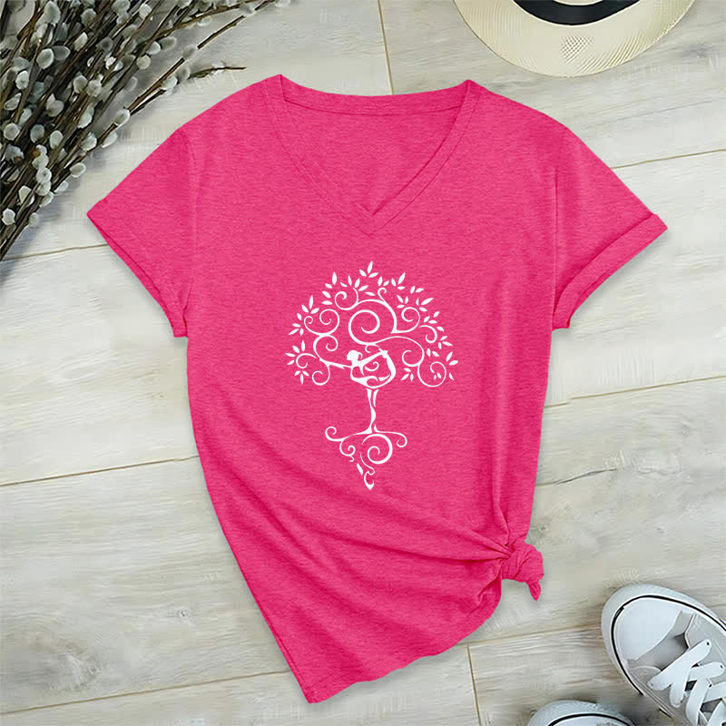 Olivenorma Yoga Tree Pose V-Neck T-Shirt - Rose Red - 2XL - image 12