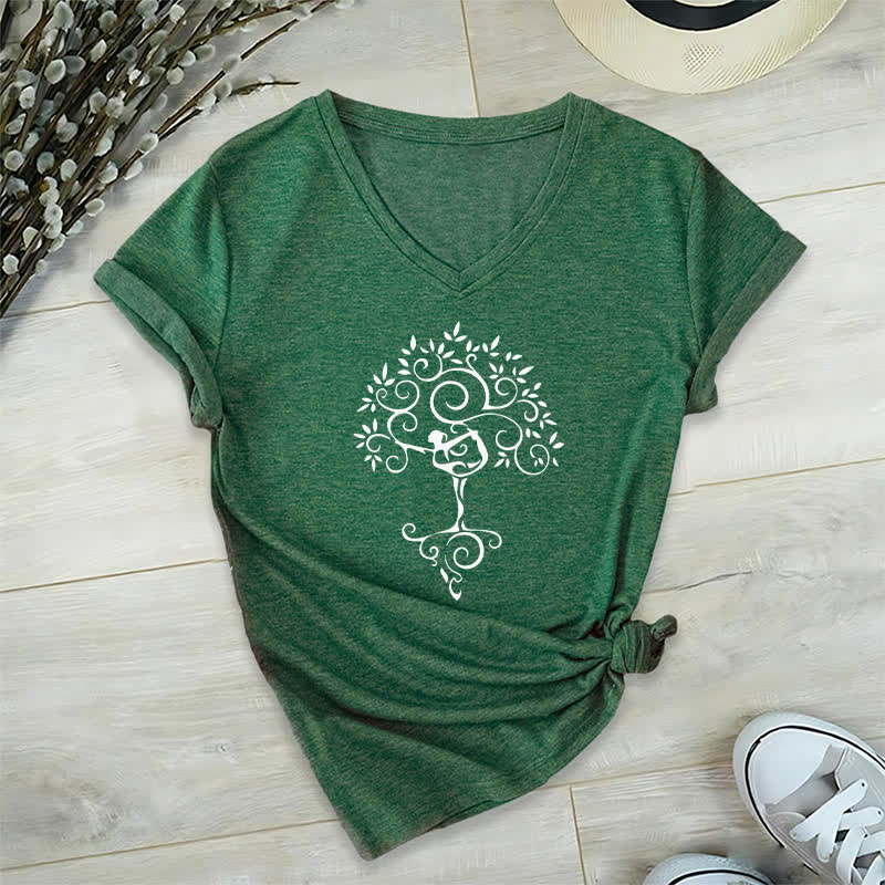 Olivenorma Yoga Tree Pose V-Neck T-Shirt - Dark Green - 2XL - image 6