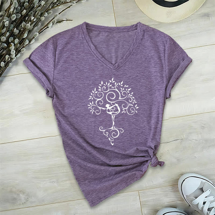 Olivenorma Yoga Tree Pose V-Neck T-Shirt - Purple - 2XL - image 2
