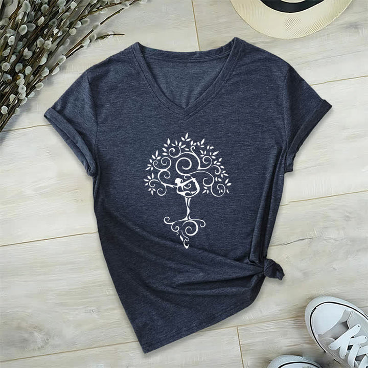 Olivenorma Yoga Tree Pose V-Neck T-Shirt - Navy Blue - 2XL - image 5