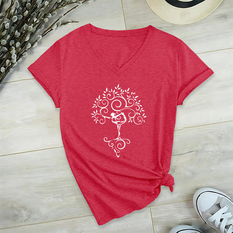 Olivenorma Yoga Tree Pose V-Neck T-Shirt - Red - 2XL - image 9