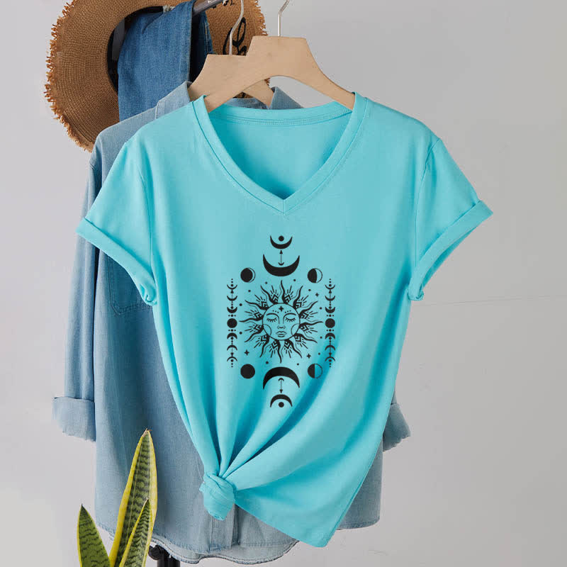 Olivenorma Sun And Moon Aesthetic Yoga V-Neck T-Shirt - Lake Blue - 2XL - image 22