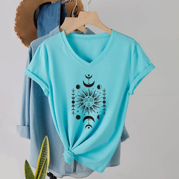 Olivenorma Sun And Moon Aesthetic Yoga V-Neck T-Shirt - Lake Blue - 2XL - image 22