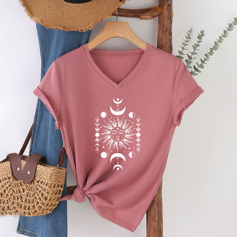Olivenorma Sun And Moon Aesthetic Yoga V-Neck T-Shirt - Pink - 2XL - image 16