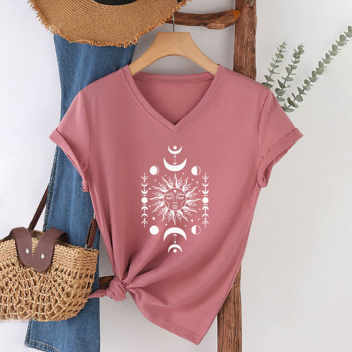 Olivenorma Sun And Moon Aesthetic Yoga V-Neck T-Shirt - Pink - 2XL - image 16