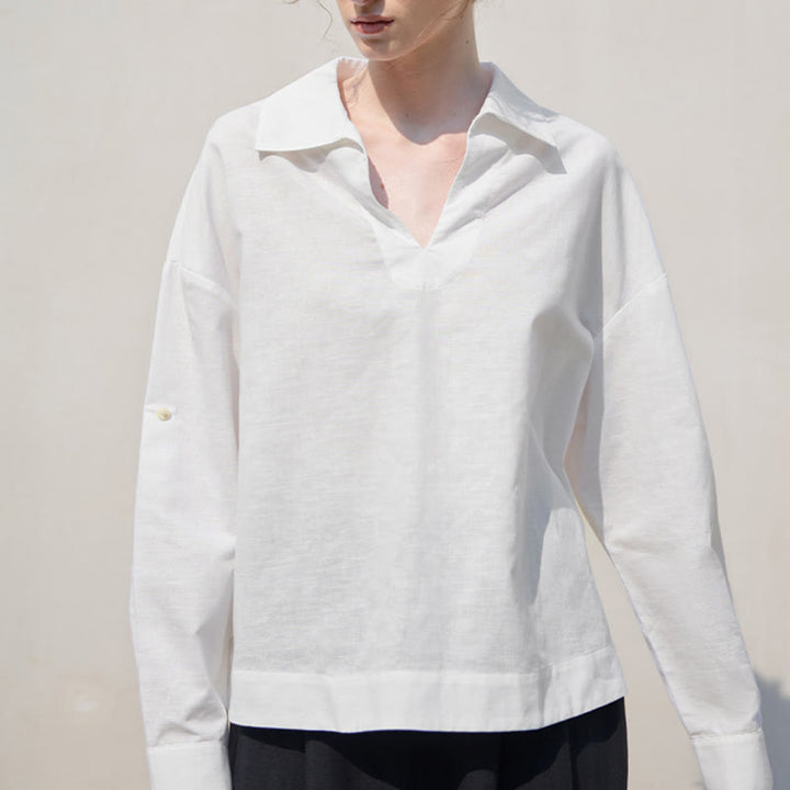 Olivenorma Solid White V-Neck Roll Up Sleeve Linen Blouse Women Shirt - image 1