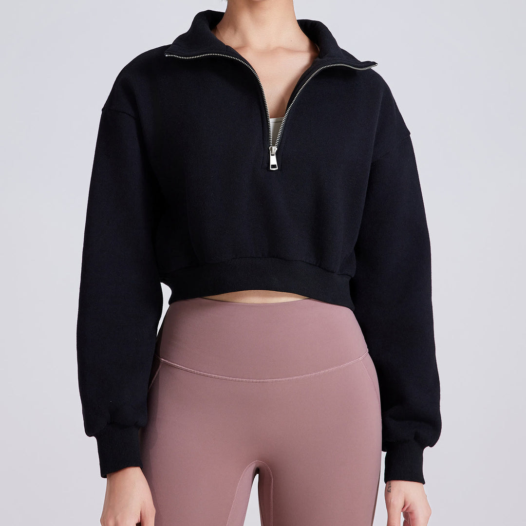 Olivenorma Hip Zip Yoga Tops Oversized Cropped Fleece Pullover Sweatshirt - Black - L - image 10