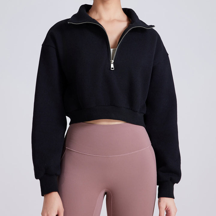 Olivenorma Hip Zip Yoga Tops Oversized Cropped Fleece Pullover Sweatshirt - Black - L - image 10