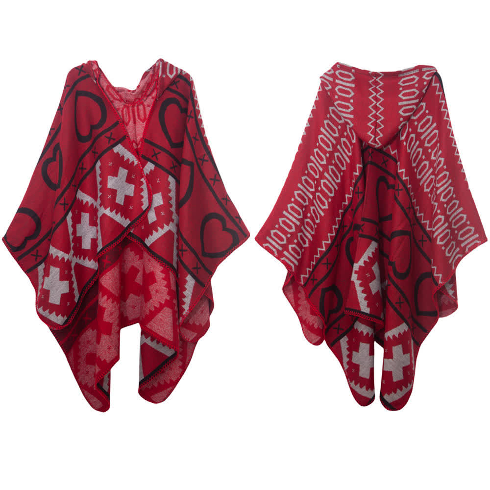 Olivenorma Boho Geometric Hooded Shawl Cardigan - Red - 150x130cm - image 8