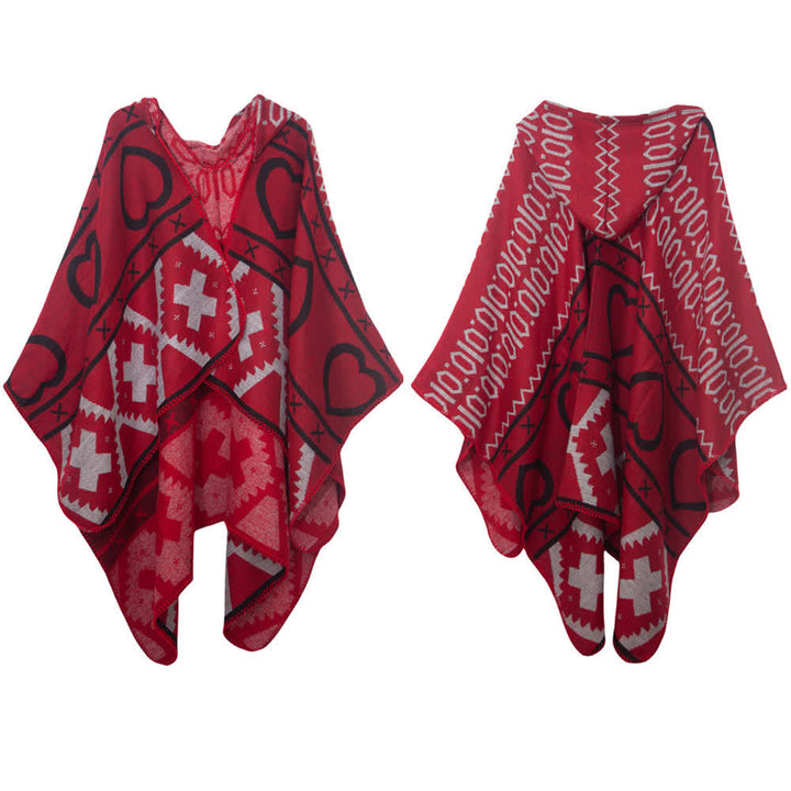 Olivenorma Boho Geometric Hooded Shawl Cardigan - Red - 150x130cm - image 8