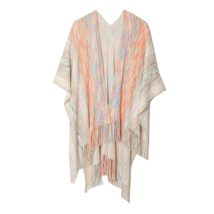 Olivenorma Ruffle Trimmed Poncho Tassels Cardigan Shawl - Beige - image 7