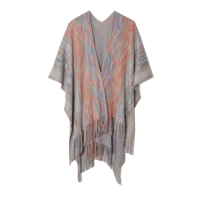 Olivenorma Ruffle Trimmed Poncho Tassels Cardigan Shawl - Light Gray - image 9