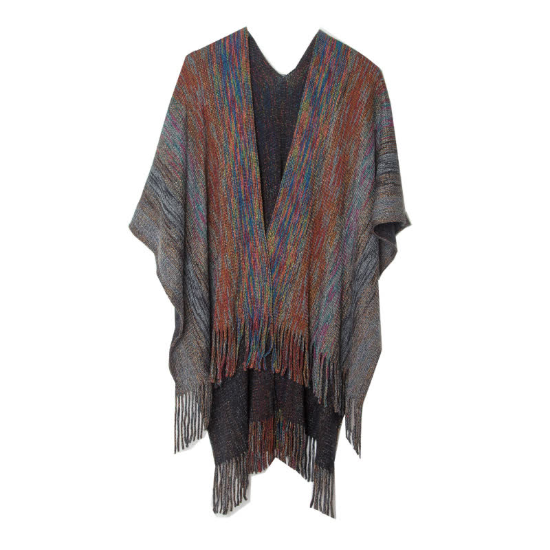 Olivenorma Ruffle Trimmed Poncho Tassels Cardigan Shawl - Dark Gray - image 10