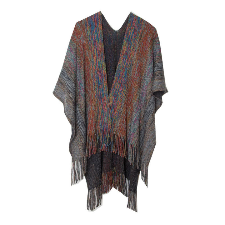 Olivenorma Ruffle Trimmed Poncho Tassels Cardigan Shawl - Dark Gray - image 10