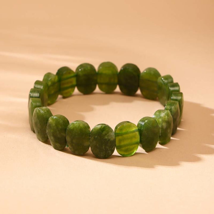 Olivenorma Natural Gemstone 14mm Facted Oval Beads Stretch Bracelet - Green Jade - image 4