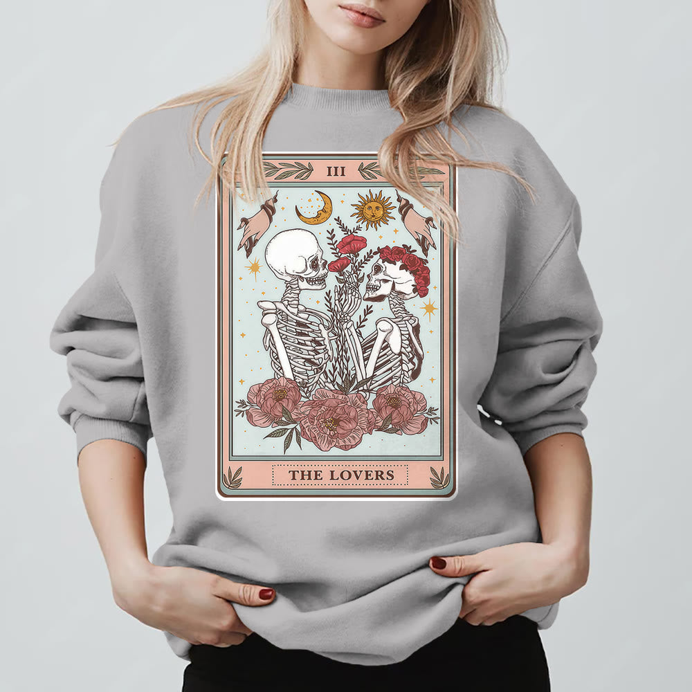 Olivenorma THE LOVER Skull Tarot Card Loose Fit Fleece Pullover Crewneck Sweatshirt - Grey - 2XL - image 7
