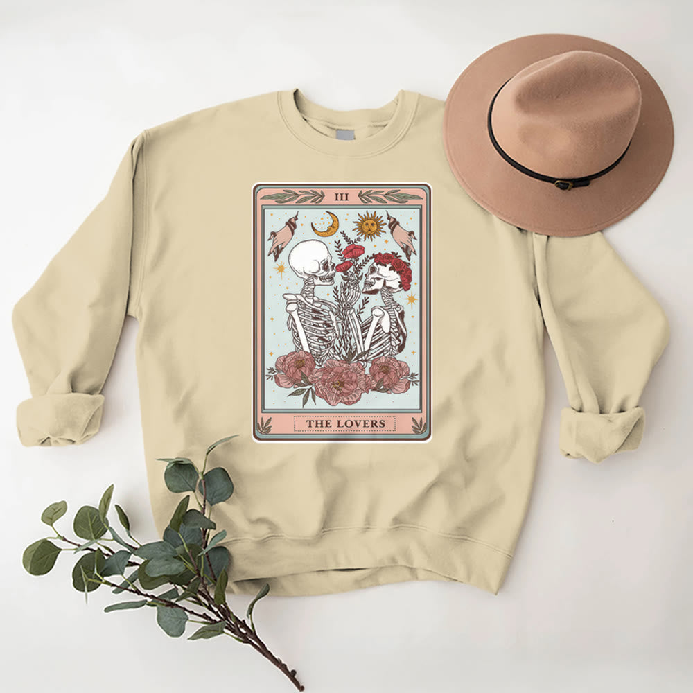 Olivenorma THE LOVER Skull Tarot Card Loose Fit Fleece Pullover Crewneck Sweatshirt - LightYellow - 2XL - image 3