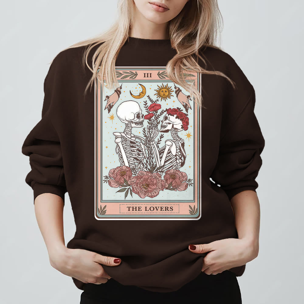 Olivenorma THE LOVER Skull Tarot Card Loose Fit Fleece Pullover Crewneck Sweatshirt - Brown - 2XL - image 9