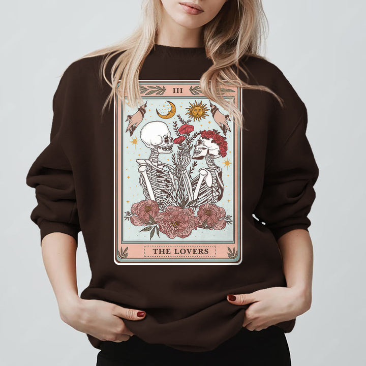 Olivenorma THE LOVER Skull Tarot Card Loose Fit Fleece Pullover Crewneck Sweatshirt - Brown - 2XL - image 9