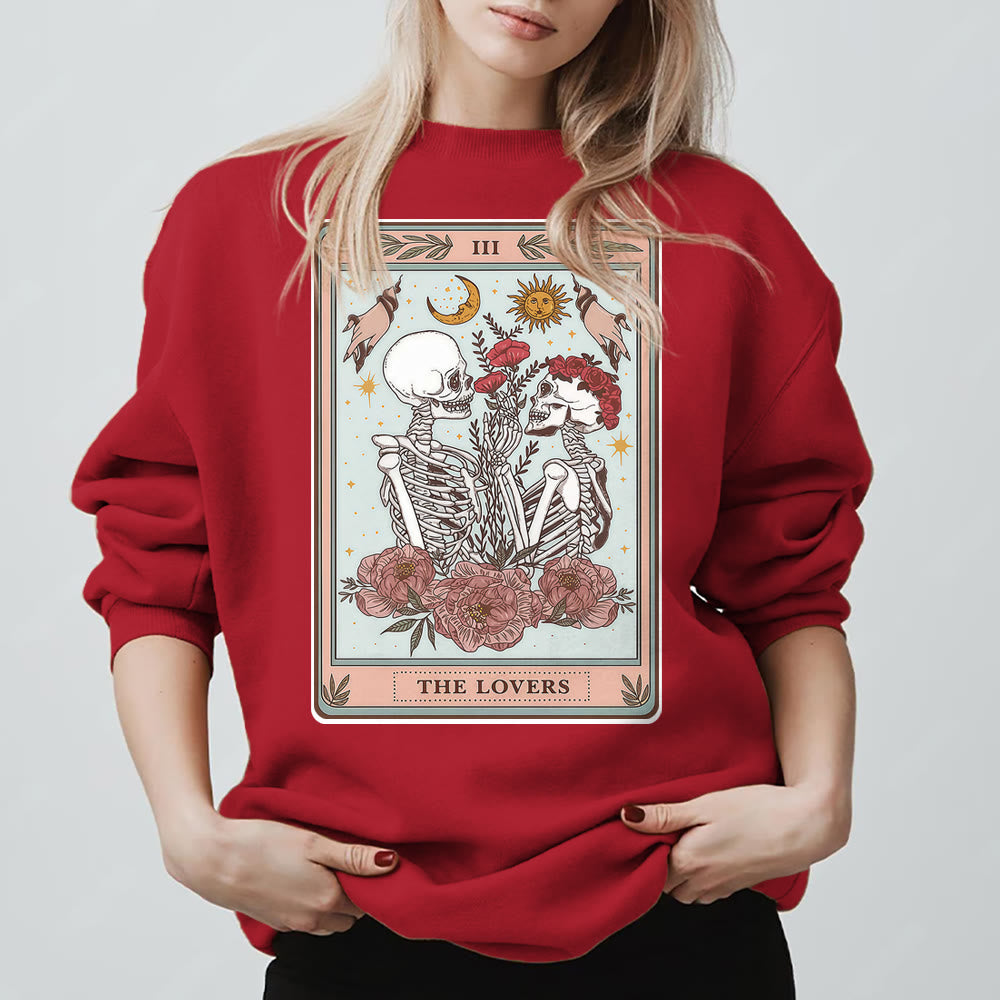 Olivenorma THE LOVER Skull Tarot Card Loose Fit Fleece Pullover Crewneck Sweatshirt - Red - 2XL - image 11
