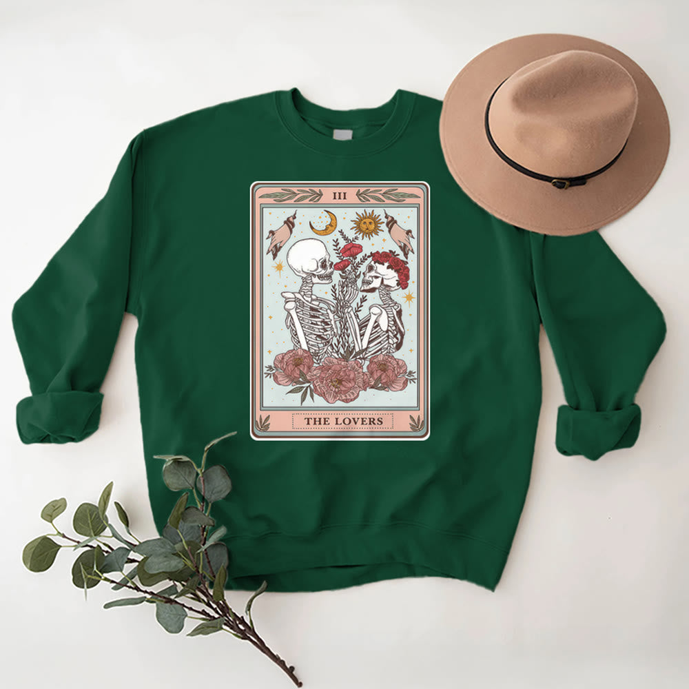 Olivenorma THE LOVER Skull Tarot Card Loose Fit Fleece Pullover Crewneck Sweatshirt - Green - 2XL - image 0