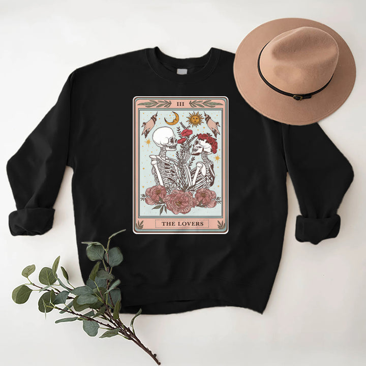 Olivenorma THE LOVER Skull Tarot Card Loose Fit Fleece Pullover Crewneck Sweatshirt - Black - 2XL - image 7