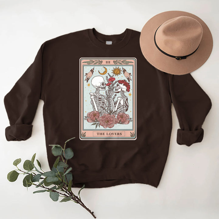 Olivenorma THE LOVER Skull Tarot Card Loose Fit Fleece Pullover Crewneck Sweatshirt - Brown - 2XL - image 11