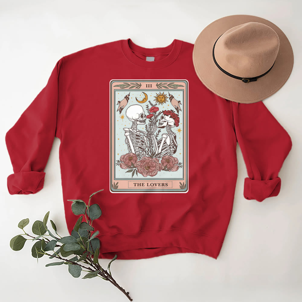 Olivenorma THE LOVER Skull Tarot Card Loose Fit Fleece Pullover Crewneck Sweatshirt - Red - 2XL - image 13