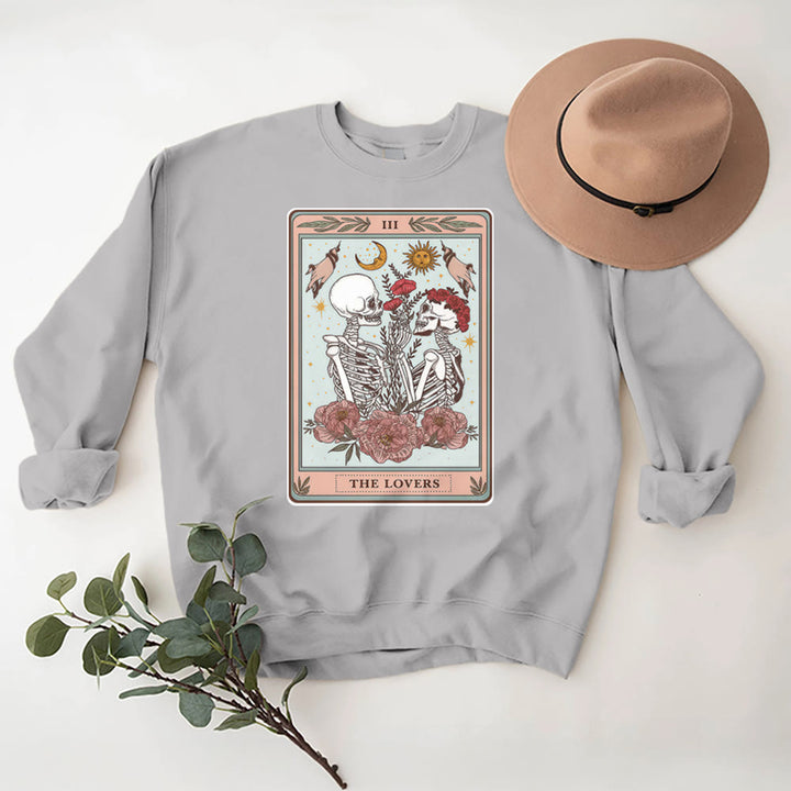 Olivenorma THE LOVER Skull Tarot Card Loose Fit Fleece Pullover Crewneck Sweatshirt - Grey - 2XL - image 9