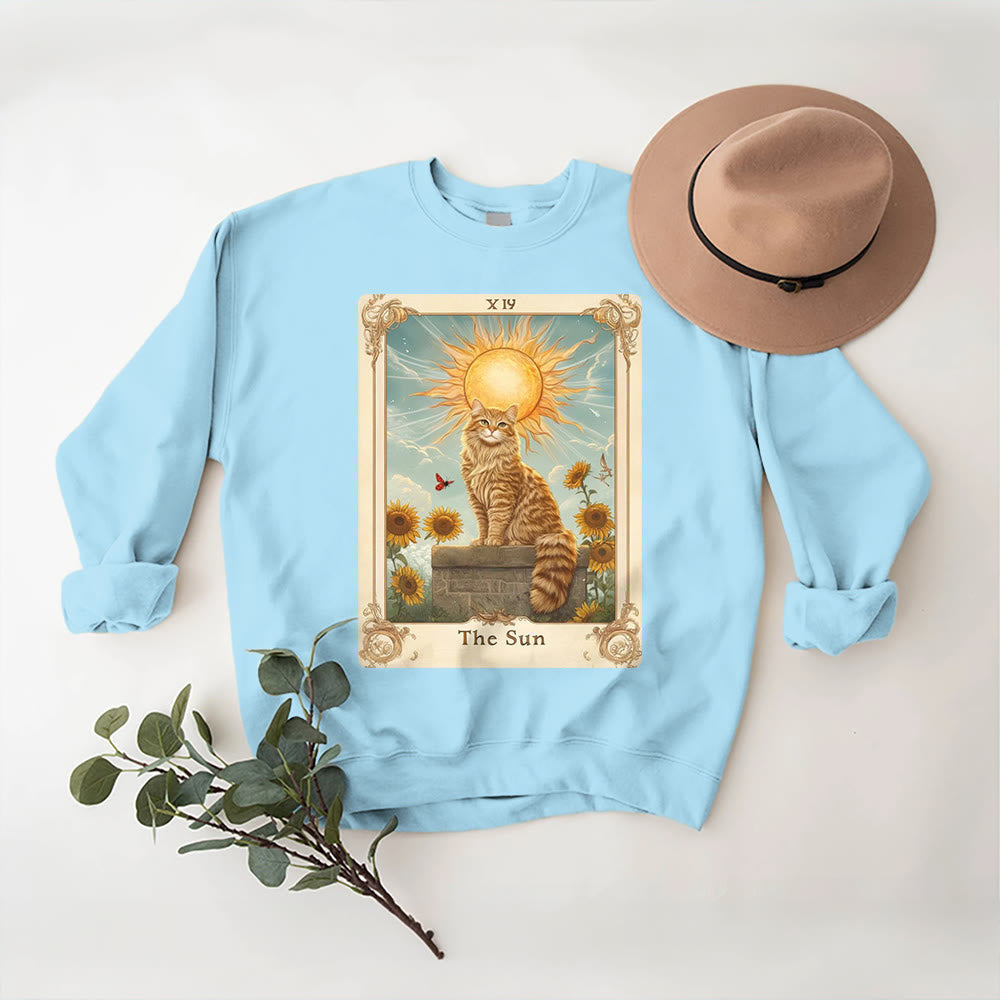 Olivenorma THE SUN Tarot Card Cat King Sunflowers Fleece Pullover Sweatshirt - Blue - 2XL - image 0