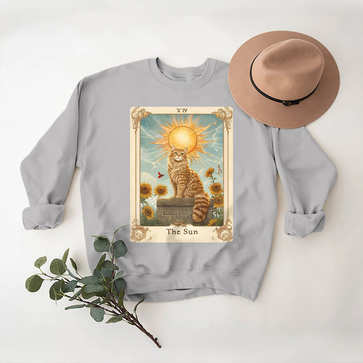 Olivenorma THE SUN Tarot Card Cat King Sunflowers Fleece Pullover Sweatshirt - Grey - 2XL - image 5