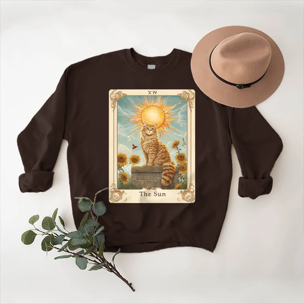 Olivenorma THE SUN Tarot Card Cat King Sunflowers Fleece Pullover Sweatshirt - Brown - 2XL - image 3