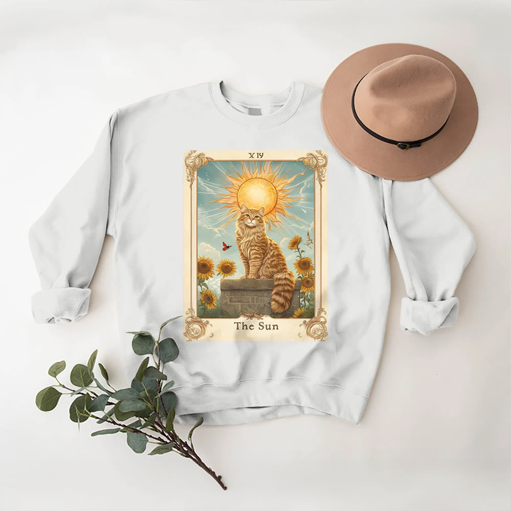 Olivenorma THE SUN Tarot Card Cat King Sunflowers Fleece Pullover Sweatshirt - White - 2XL - image 7