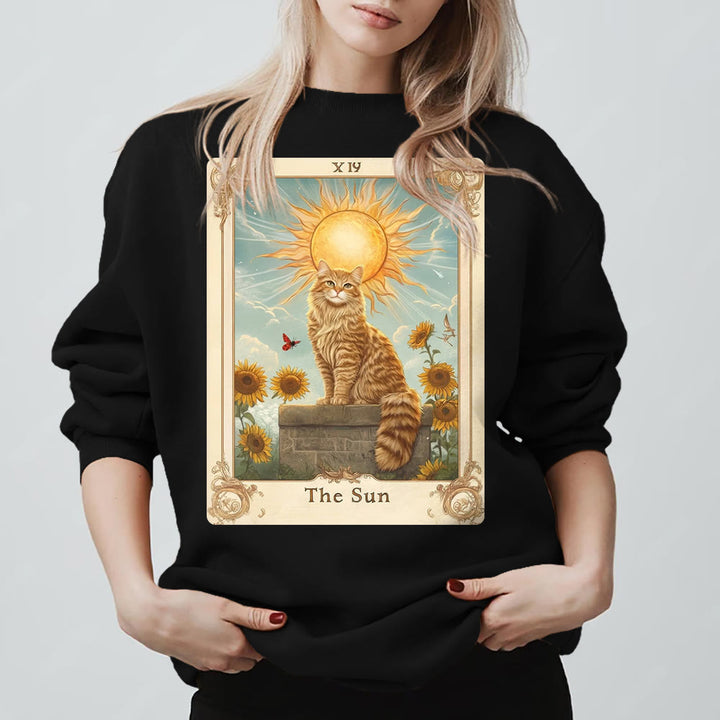 Olivenorma THE SUN Tarot Card Cat King Sunflowers Fleece Pullover Sweatshirt - Black - 2XL - image 7