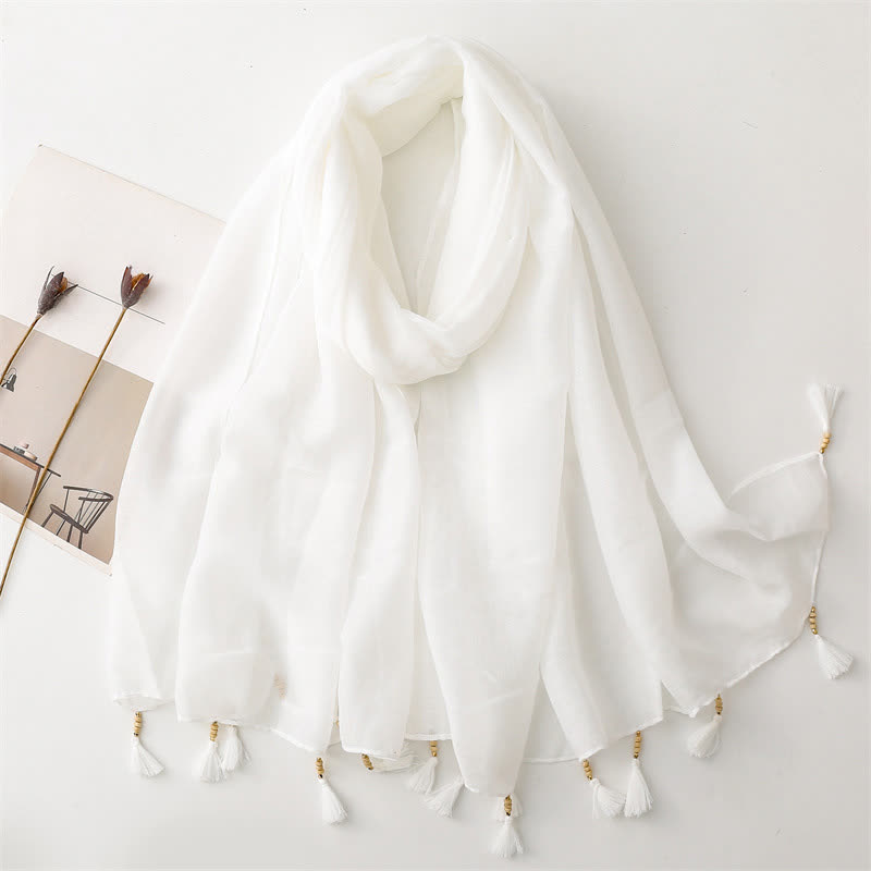 Olivenorma Blue Geometric Tassel Scarf - White - image 11