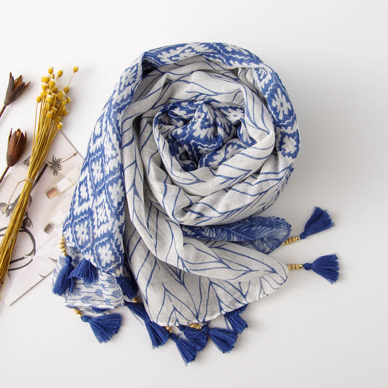 Olivenorma Blue Geometric Tassel Scarf - image 1