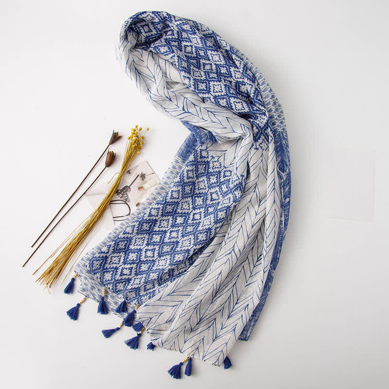 Olivenorma Blue Geometric Tassel Scarf - image 2