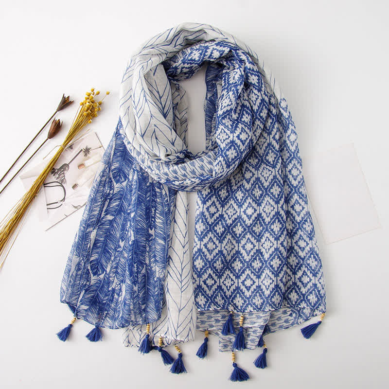 Olivenorma Blue Geometric Tassel Scarf - Blue Geometric - image 0