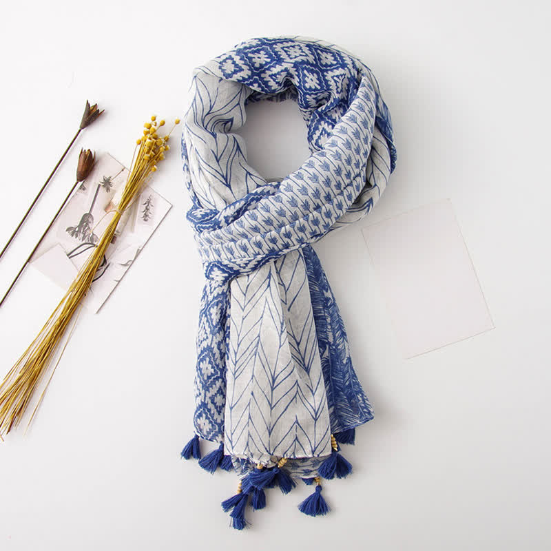 Olivenorma Blue Geometric Tassel Scarf - image 3