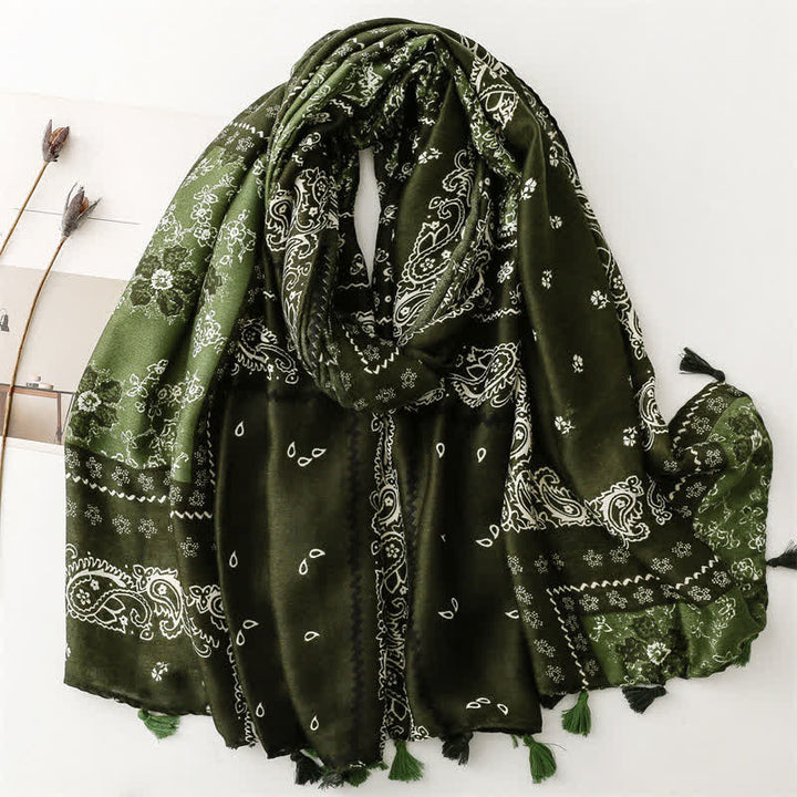 Olivenorma Ethnic Print Floral Tassel Scarf - Green - image 10