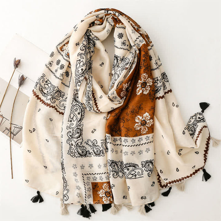 Olivenorma Ethnic Print Floral Tassel Scarf - White - image 0