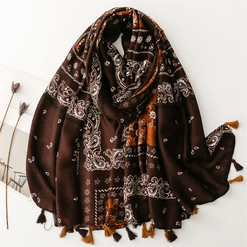 Olivenorma Ethnic Print Floral Tassel Scarf - Brown - image 17