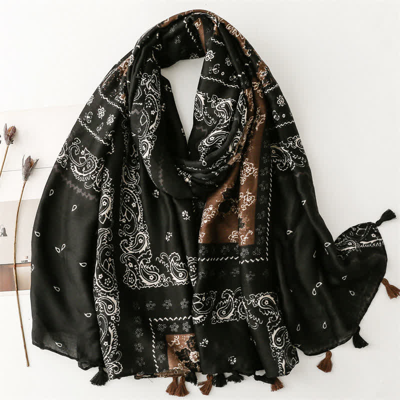 Olivenorma Ethnic Print Floral Tassel Scarf - Black - image 7