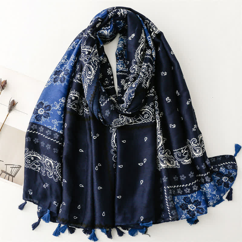 Olivenorma Ethnic Print Floral Tassel Scarf - Blue - image 14