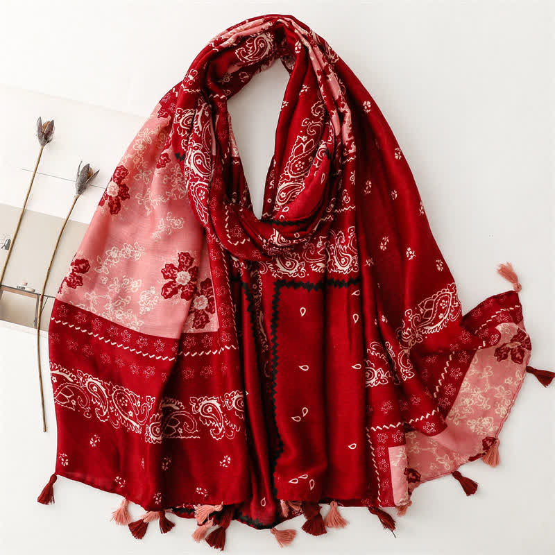 Olivenorma Ethnic Print Floral Tassel Scarf - Red - image 11