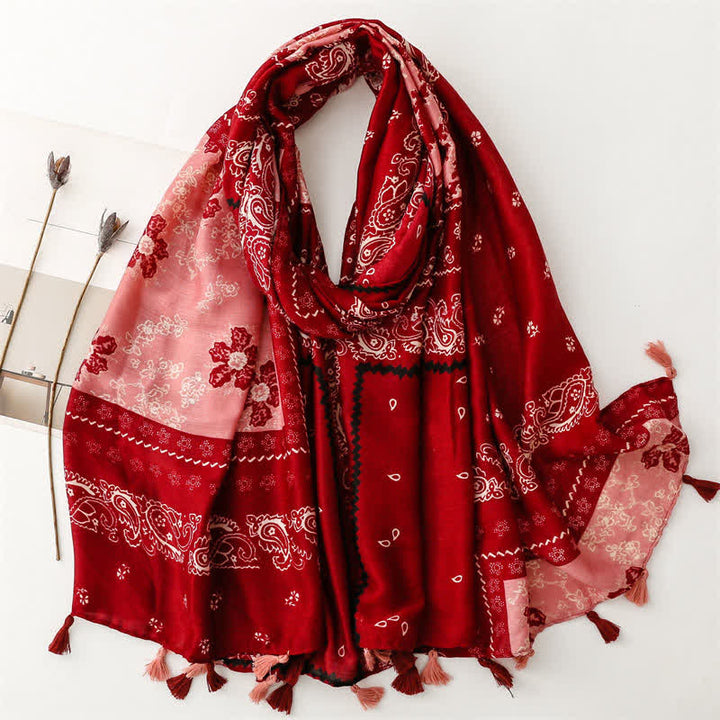 Olivenorma Ethnic Print Floral Tassel Scarf - Red - image 11