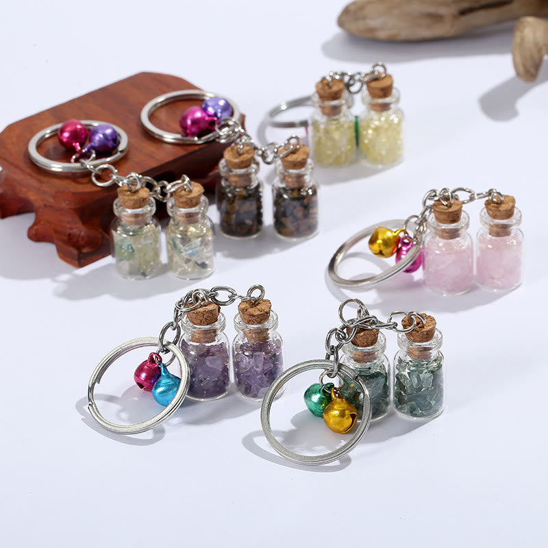 Olivenorma Natural Crystal Chips in Mini Glass Bottle Keychain with Bells - Tiger Eye - image 0