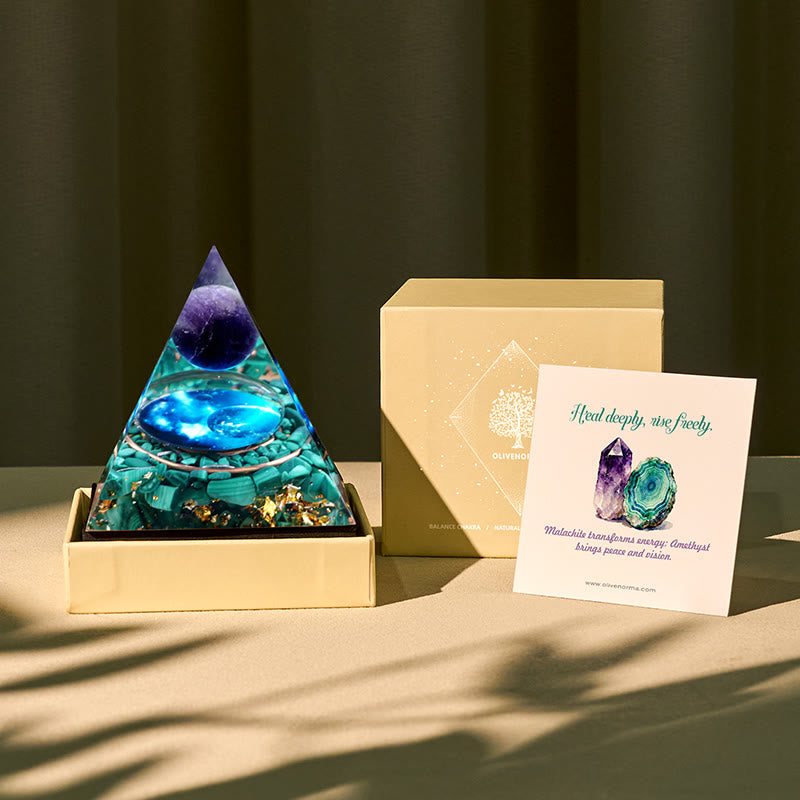 Olivenorma Mystic Union Amethyst & Malachite Orgone Pyramid - 10*10cm (With Card) - YES PLEASE $8 - image 0