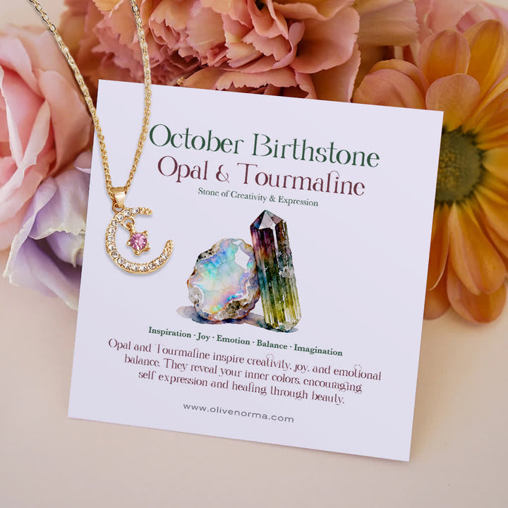 Olivenorma Month Birthstone Star Creative Gift Card Necklace - October-Pink Zircon - With Birthstone Card - image 12