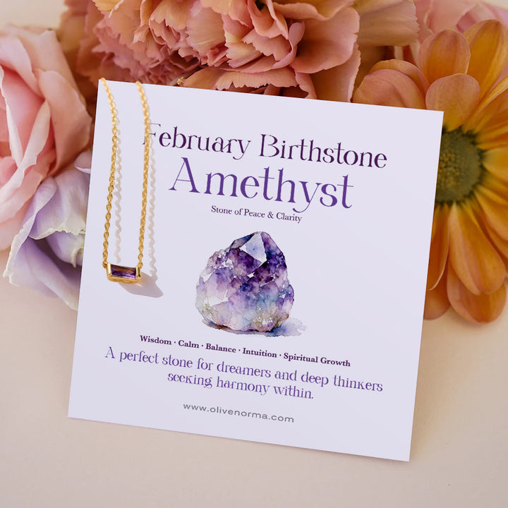Olivenorma Simple Rectangular Birthstone Pendant Stainless Steel  Gift Card Necklace - Amethyst - With Birthstone Card - image 5